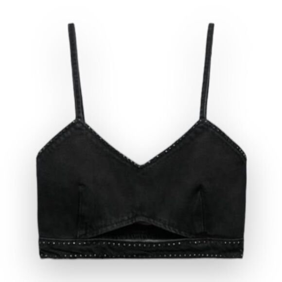 Zara Black Denim Cut Out Crop Top With Rhinestones Ruched Back  US XS - Picture 6 of 11